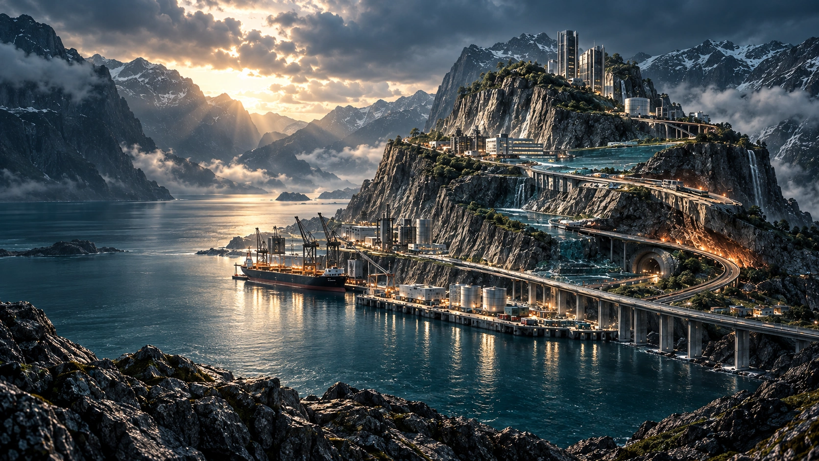 Concept landscape of coastal land, infrastructure and a working port
