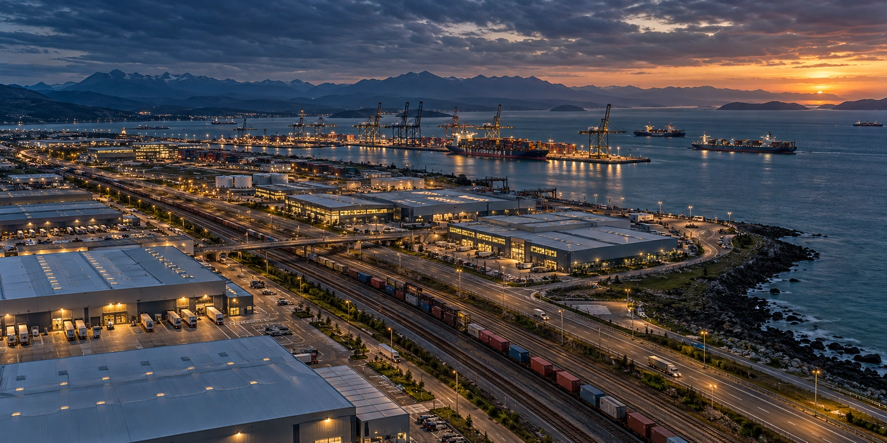 Concept view of a coastal logistics corridor with warehouses, railway and port