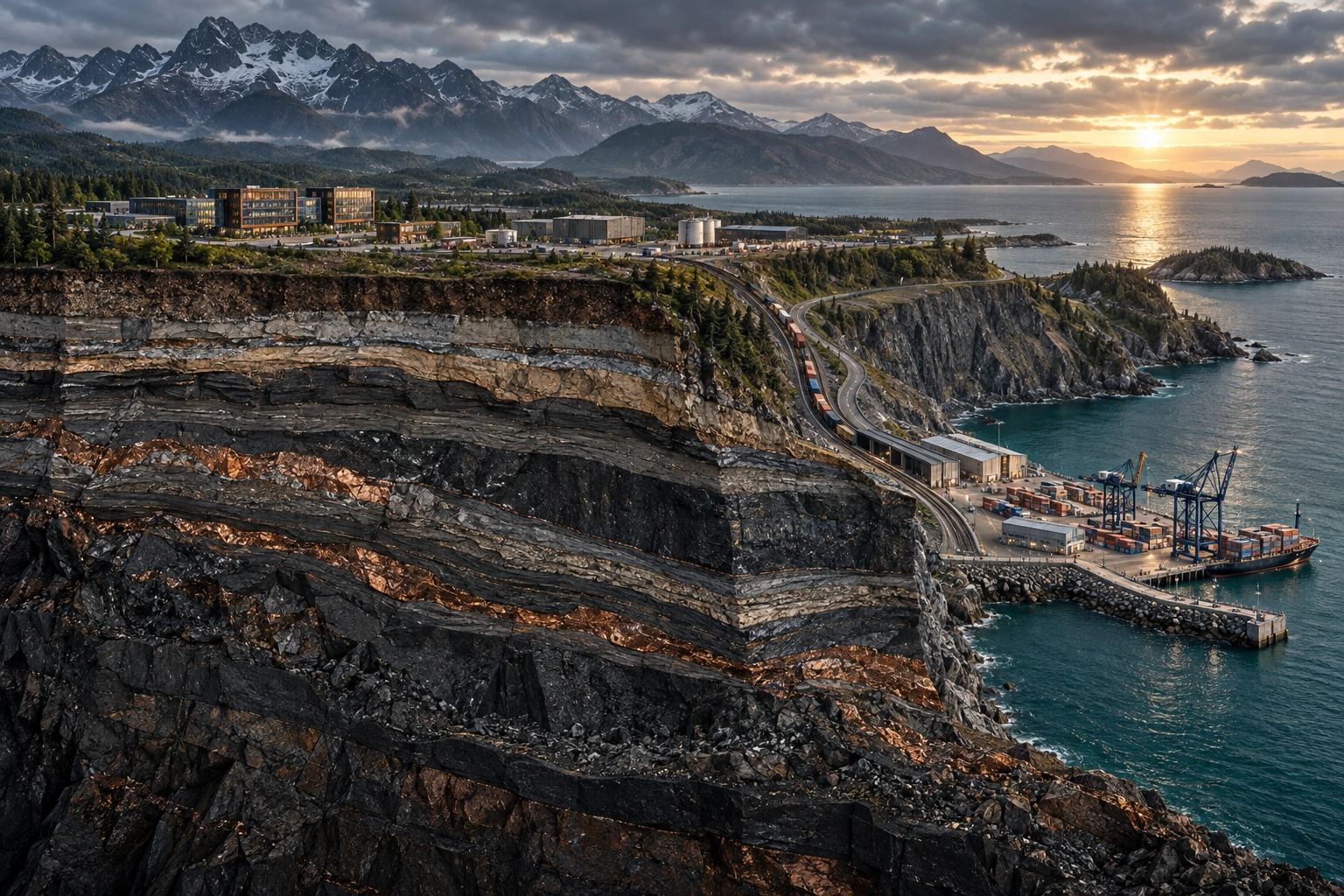 Concept cutaway of layered land connected to roads, buildings and a port